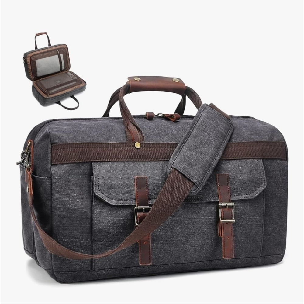 SOAEON Waterproof Genuine Leather Canvas Travel Duffel Weekender Bag Gray Brown